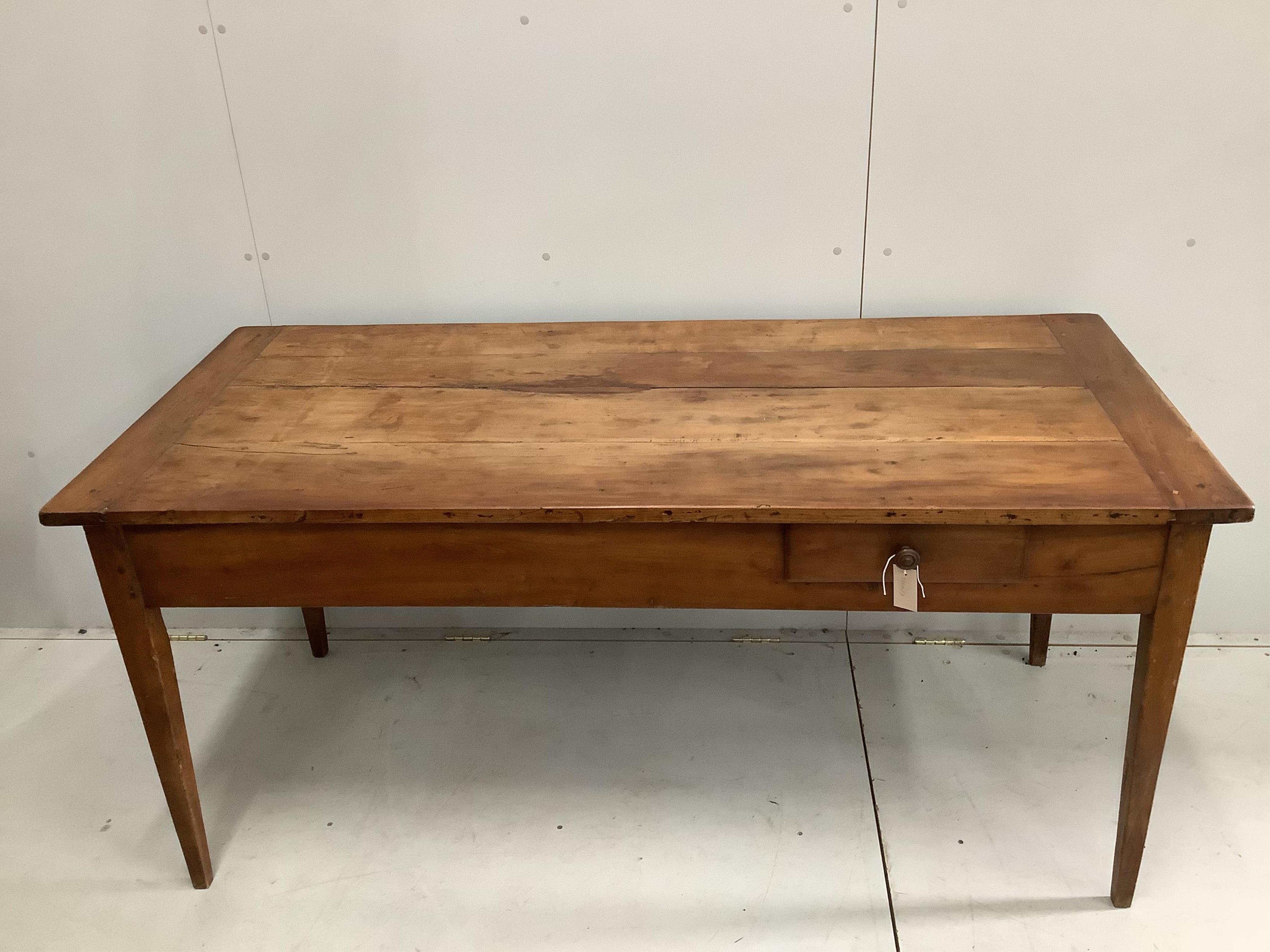 A late 19th century French cherrywood kitchen table with two drawers, width 170cm, depth 78cm, height 78cm. Condition - fair